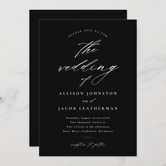 Invitation Mariage noir et blanc de script simple (Devant / Derrière)