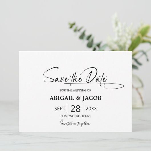 Invitation Mariage noir et blanc élégant Enregistrer la date (Debout devant)