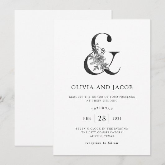 Invitation Mariage | noir et blanc floral moderne (Devant / Derrière)