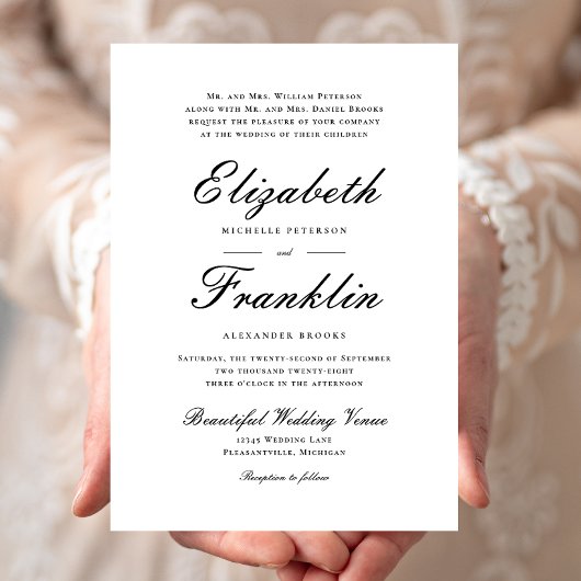 Invitation Mariage noir et blanc formel à l'écriture ornée