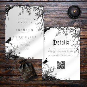 Invitation Mariage noir et blanc Gravure d'arbre de corbeau g