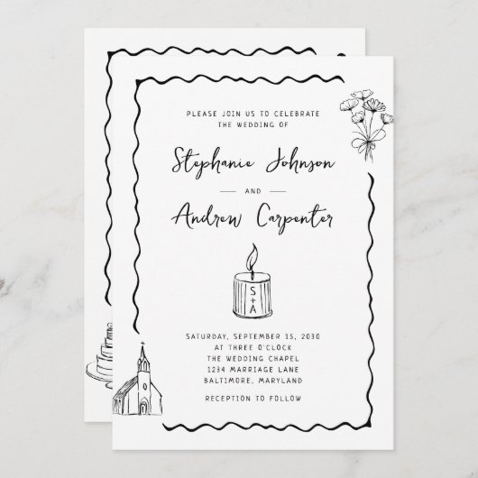 Invitation Mariage noir et blanc illustré (Devant / Derrière)