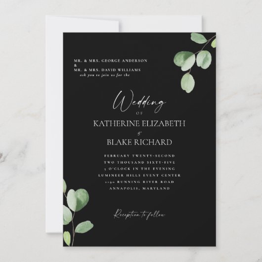 Invitation Mariage noir et blanc Les deux parents Eucalyptus (Devant)