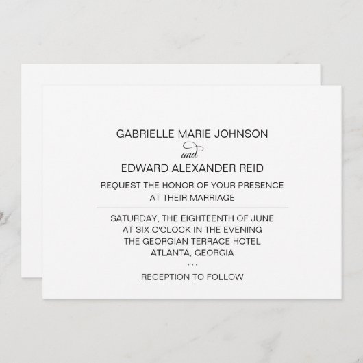 Invitation Mariage noir et blanc simple et élégant (Devant / Derrière)
