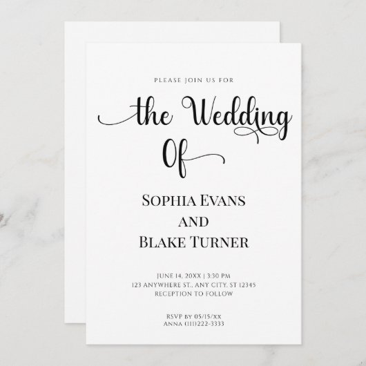 Invitation Mariage noir et blanc simple et élégant (Devant / Derrière)