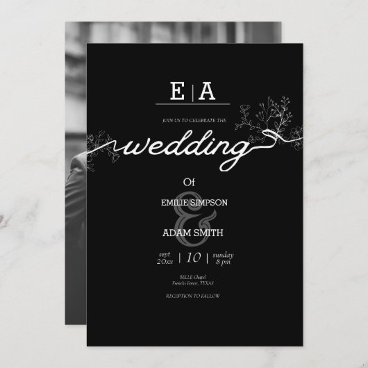 Invitation mariage noir et blanc unique classe (Devant / Derrière)