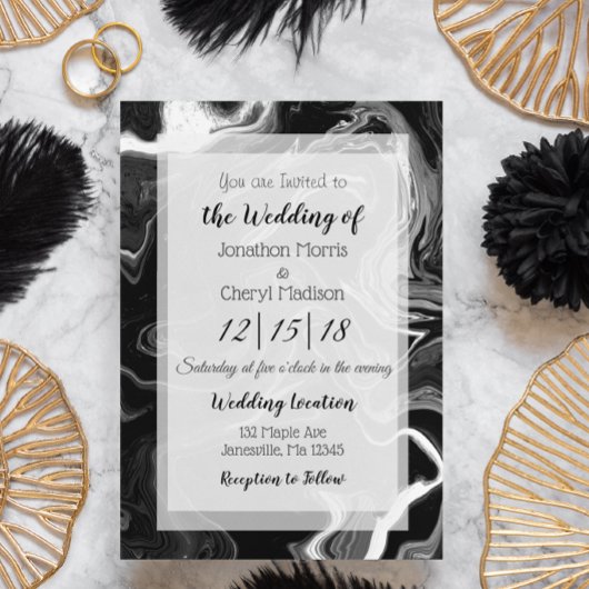 Invitation Mariage noir et Marbre blanc