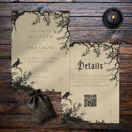 Invitation Mariage noir et marron avec gravure d'arbre gothiq