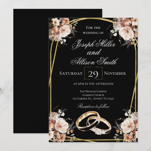 Invitation Mariage noir et or (Devant / Derrière)