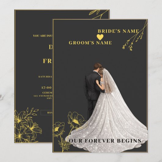 Invitation mariage noir et or (Devant / Derrière)