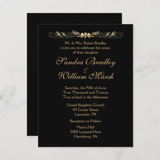 Invitation Mariage noir et or (Devant / Derrière)
