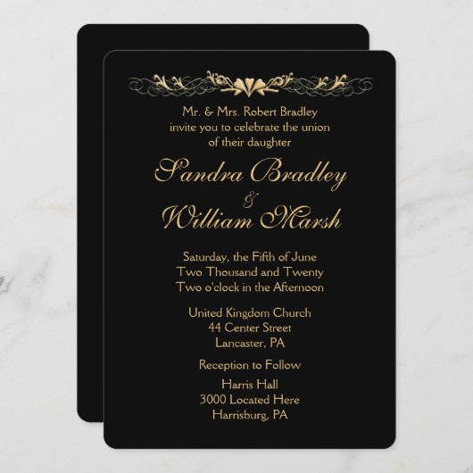 Invitation Mariage noir et or (Devant / Derrière)