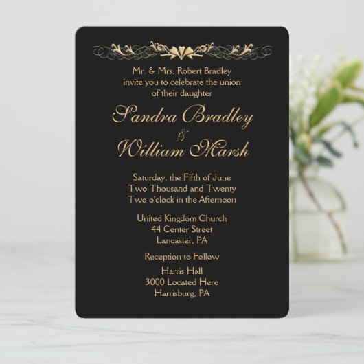 Invitation Mariage noir et or (Debout devant)