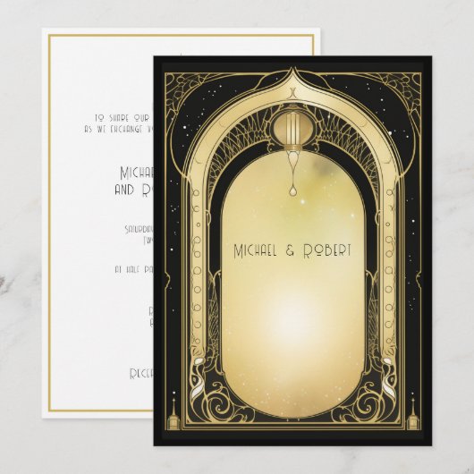 Invitation Mariage noir et or Art Déco formel (Devant / Derrière)