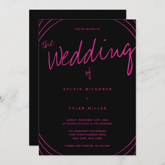 Invitation Mariage noir et rose (Devant / Derrière)