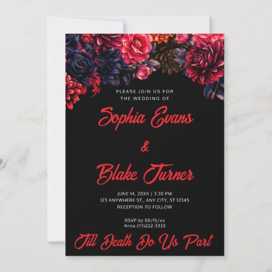 Invitation Mariage noir et rouge gothique floral foncé (Devant)