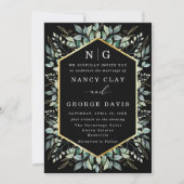 Invitation Mariage noir Feuille vert bordure or Monogramme no (Devant)