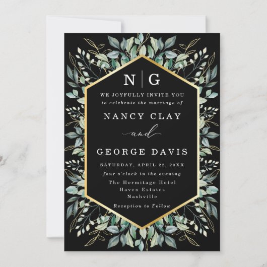 Invitation Mariage noir Feuille vert bordure or Monogramme no (Devant)