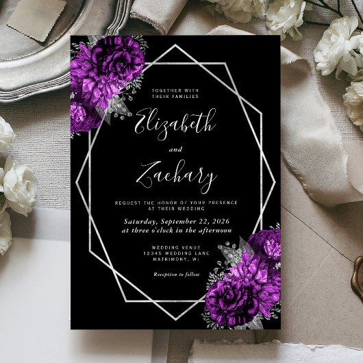 Invitation Mariage Noir Fleur Argent Plum Pourpre