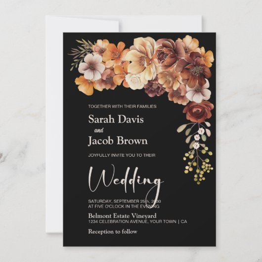 Invitation Mariage noir floral rustique (Devant)