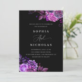 Invitation Mariage noir floral violet | Code photo et QR (Debout devant)