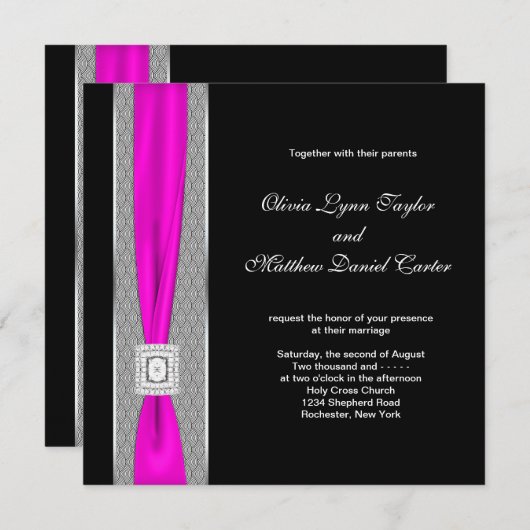 Invitation Mariage noir fuchsia rose chaud (Devant / Derrière)