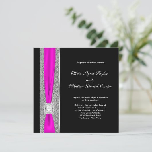 Invitation Mariage noir fuchsia rose chaud (Debout devant)