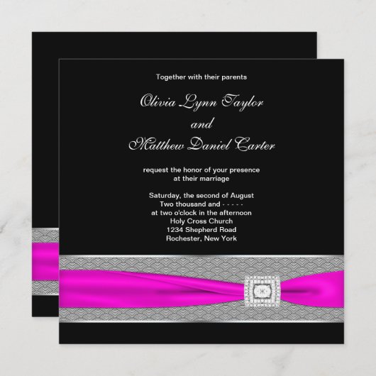 Invitation Mariage noir fuchsia rose chaud (Devant / Derrière)