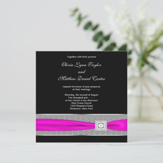 Invitation Mariage noir fuchsia rose chaud (Debout devant)