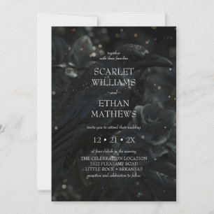 Invitation Mariage noir gothique élégant corbeau & rose