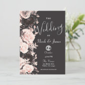 Invitation Mariage Noir Gris Charbon Rose Fardé Floral Foncé (Debout devant)