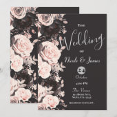 Invitation Mariage Noir Gris Charbon Rose Fardé Floral Foncé (Devant / Derrière)