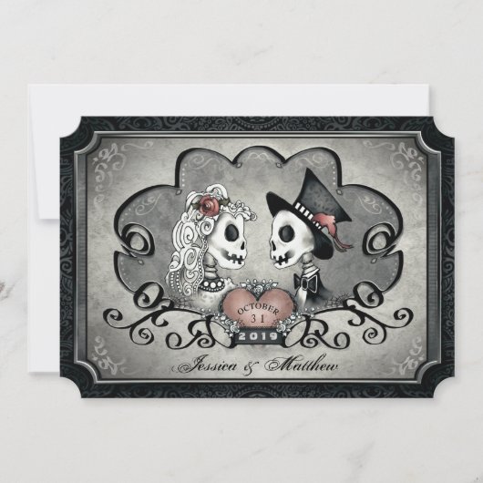 Invitation Mariage noir gris de coeur de squelettes "ainsi (Devant)