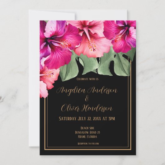 Invitation Mariage noir Hibiscus (Devant)