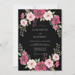 Invitation Mariage Noir Magenta Ranunculus Eucalyptus Poussié