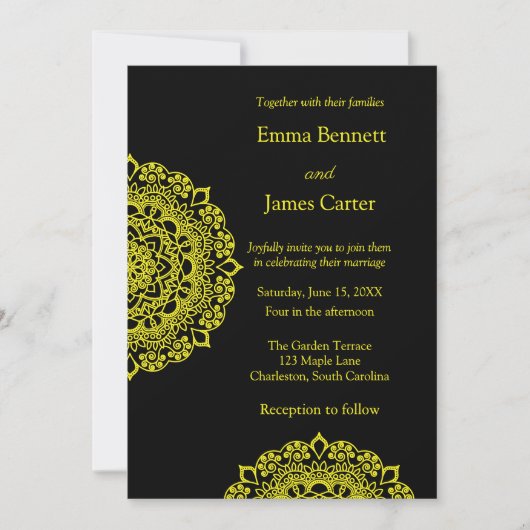Invitation mariage noir mandala or (Devant)