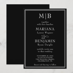 Invitation Mariage noir minimaliste à bordure linéaire modern