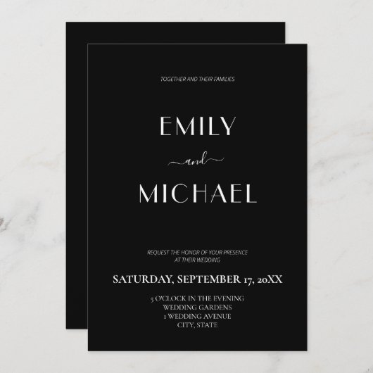 Invitation Mariage noir minimaliste moderne (Devant / Derrière)