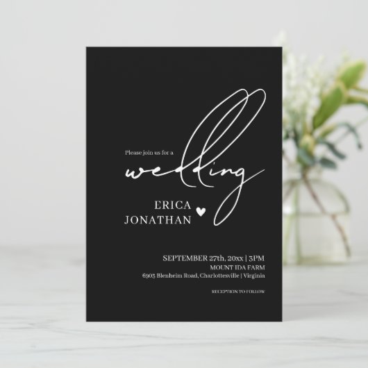 Invitation Mariage noir moderne avec lettrage blanc (Debout devant)