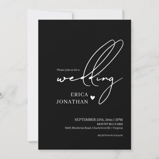 Invitation Mariage noir moderne avec lettres blanches (Devant)