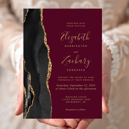 Invitation Mariage Noir Or Agate Bordeaux Rouge