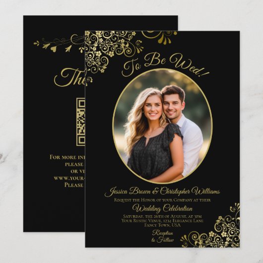 Invitation Mariage Noir & Or Code QR & Photo de Mariage (Devant / Derrière)