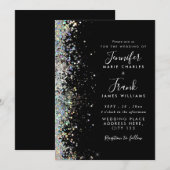 Invitation Mariage Noir Paillettes Brillantes Holographiques (Devant / Derrière)