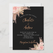 Invitation Mariage noir pampas herbe rose or fleurons boho (Devant)