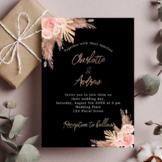Invitation Mariage noir pampas herbe rose or fleurons boho
