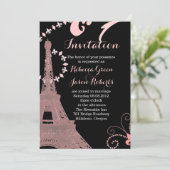 Invitation mariage noir rose tour eiffel vintage paris (Debout devant)