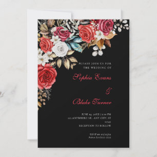 Invitation Mariage Noir Roses Rouges et Blanches Élégantes