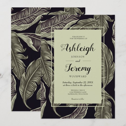 Invitation Mariage Noir Script Vert de Sauge Feuillage Tropic (Devant / Derrière)