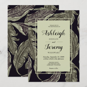 Invitation Mariage Noir Script Vert de Sauge Feuillage Tropic