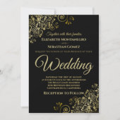 Invitation Mariage noir simple chic avec frisures dorées (Devant)